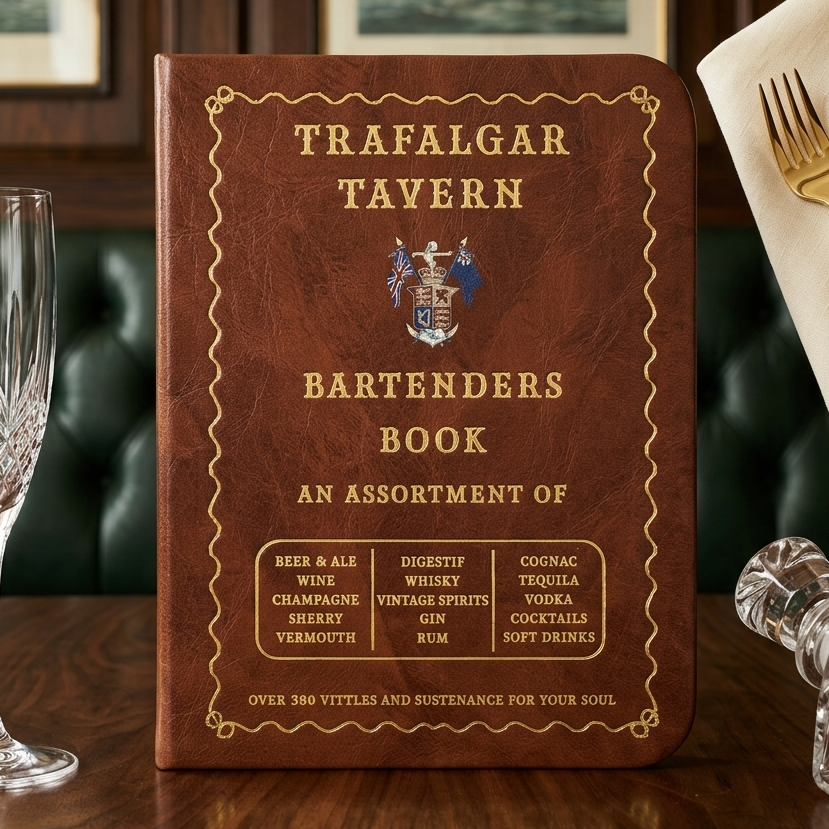A brown faux-leather hardcover book titled 'Trafalgar Tavern Bartenders Book' stands open on a wooden bar table, surrounded by a wine glass, a gold fork on a napkin, and a small bottle, with a dark green leather booth and framed pictures in the background.